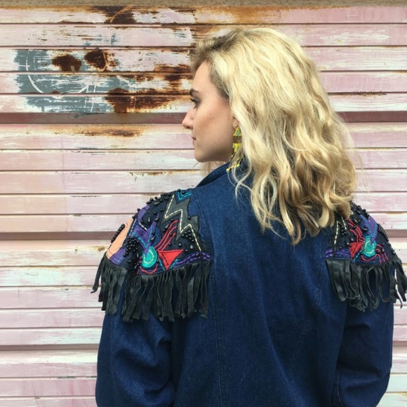 Multicolor Abstract Fringed Denim Jacket - Picture 3 of 4